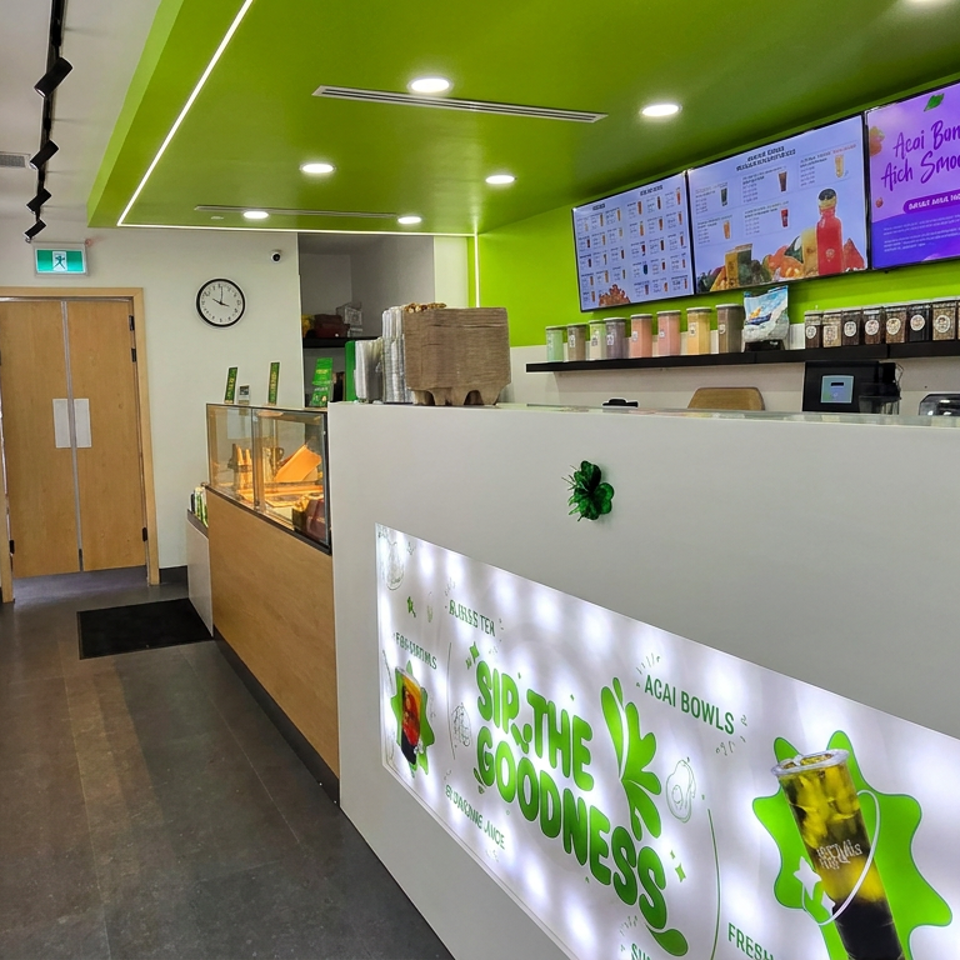 Bright green smoothie and acai bowl café interior with illuminated counter, digital menus, ingredient displays, and service area.