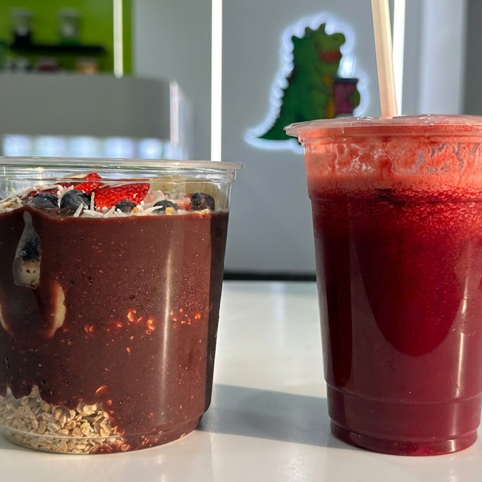 Two red berry drinks sit on a counter, one topped with fruit and coconut beside a domed-lid smoothie.