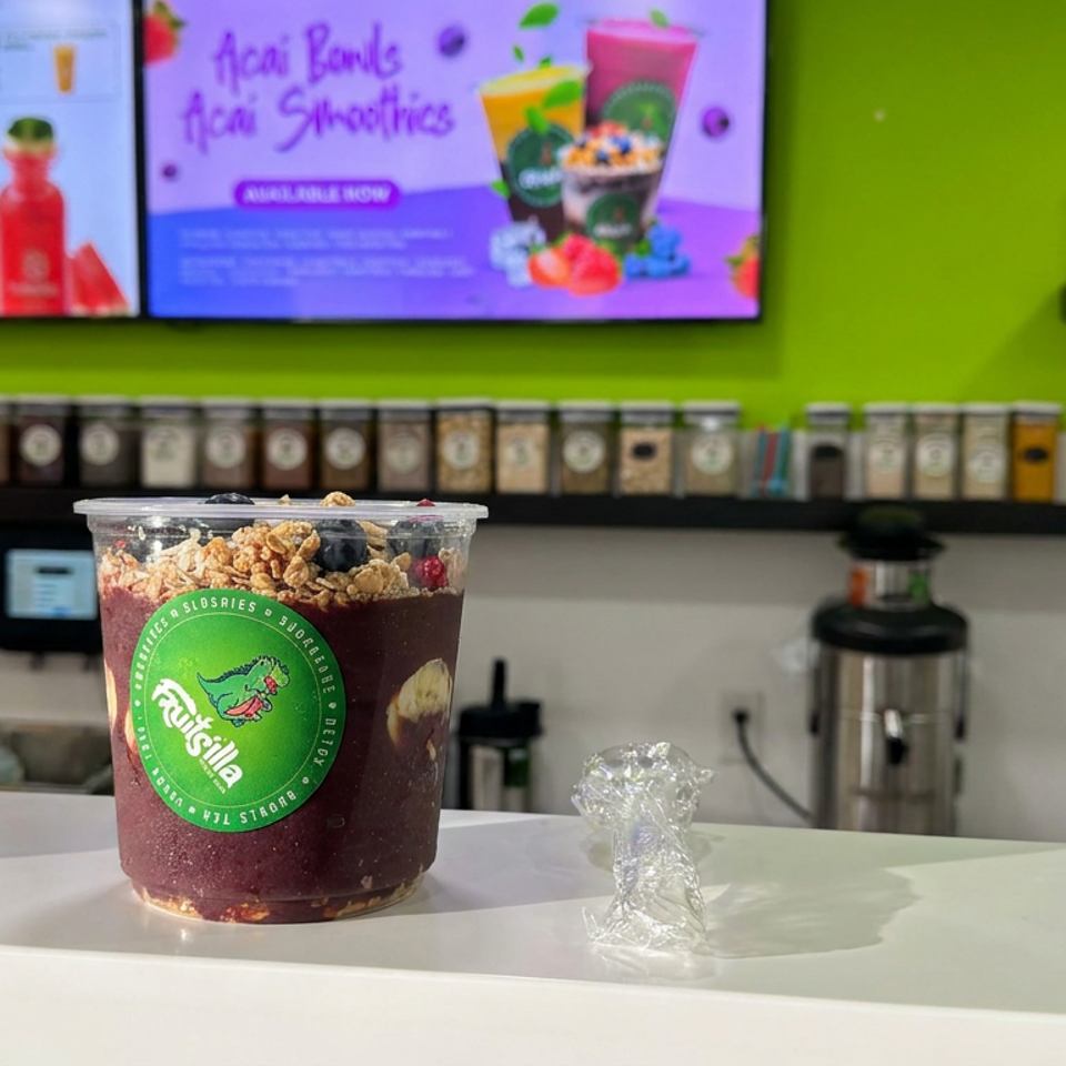 Berry smoothie topped with granola and berries sits on a café counter, with colorful menu screens and ingredient jars behind it.