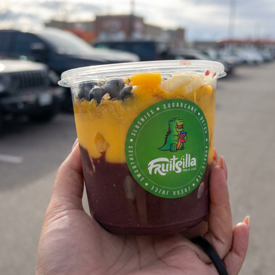 Hand holding a Fruitilicious cup layered with dark berry puree, mango, pineapple, and blueberries in a parking lot.