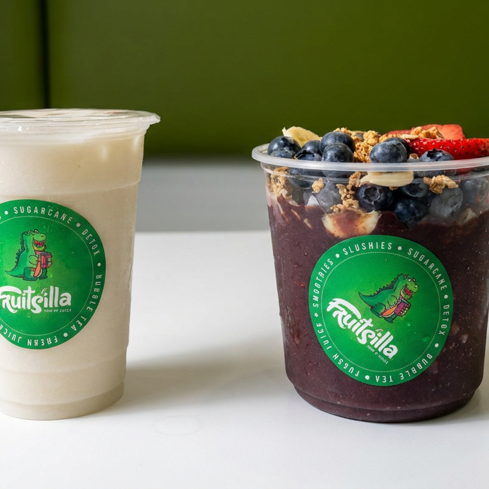 Two Fruitsilla drinks sit on a white counter: a creamy beverage and a berry smoothie topped with blueberries, strawberries, and granola.