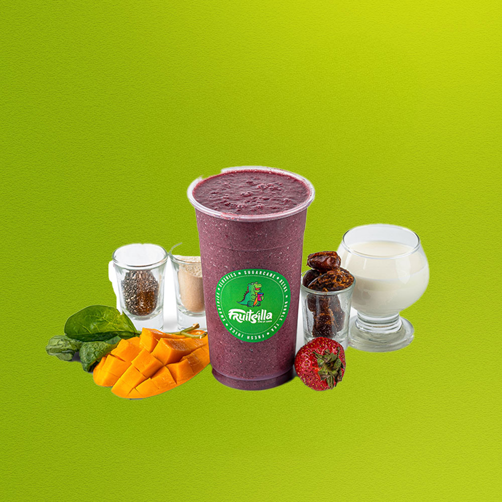 WHEY WONDER - WHEY PROTEIN, STRAWBERRY, DATES, MANGO, SPINACH, CHIA SEEDS & ALMOND MILK